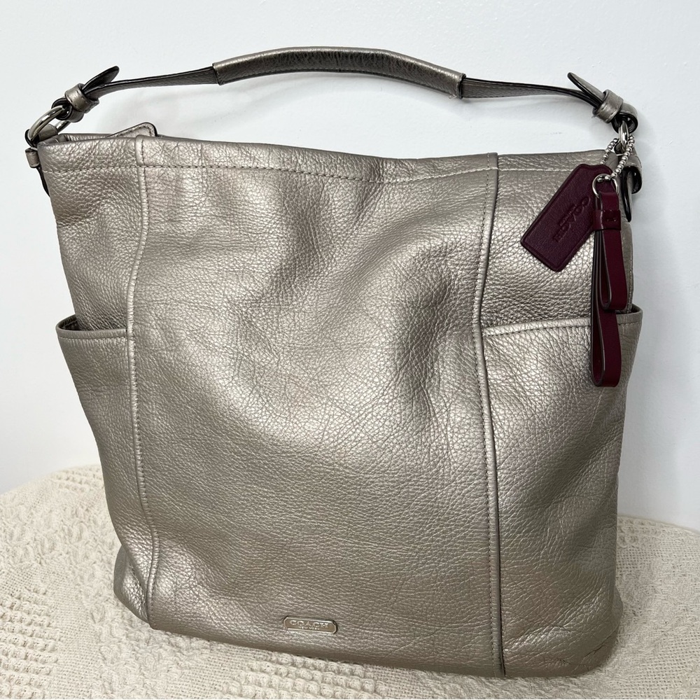 Coach Metallic Taupe Shoulder Bag with Burgundy Accents
